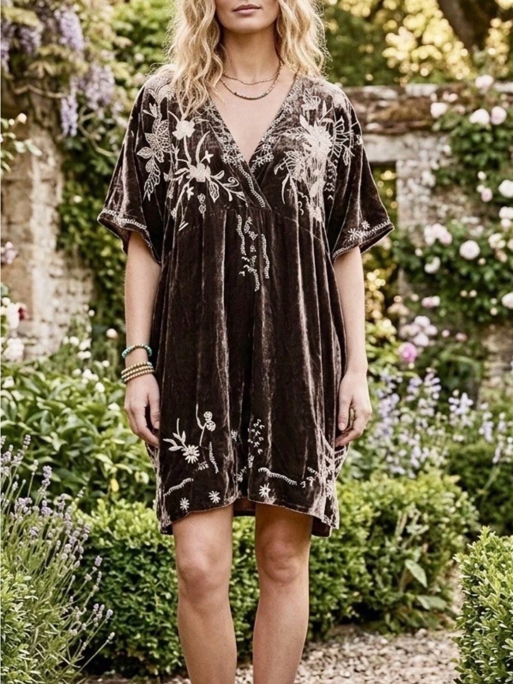Johnny Was Brown Velvet Shift Embroidered Tunic Top Blouse Shirt Large